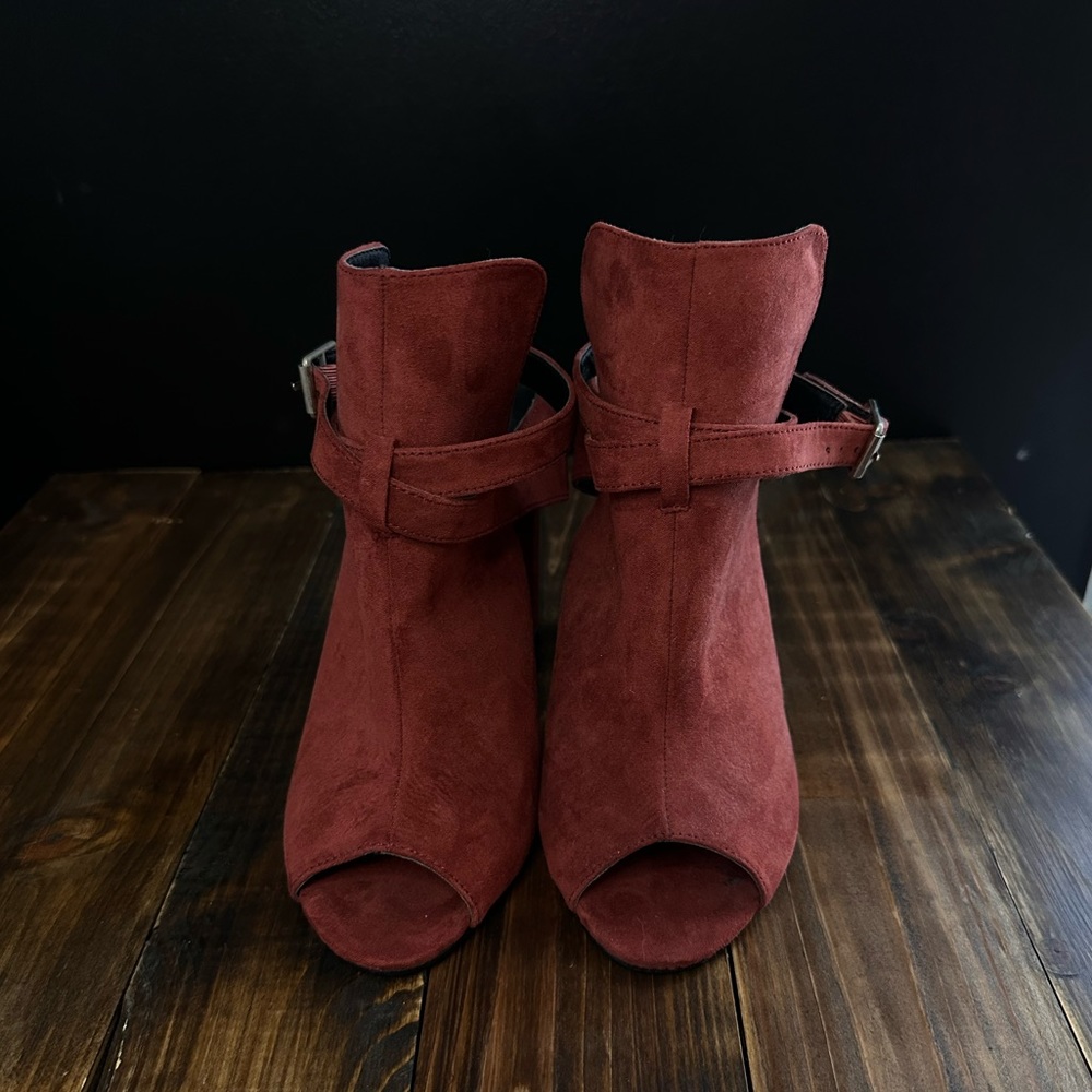 Dark Rust Red Suede Open Toe Bootie - image 2